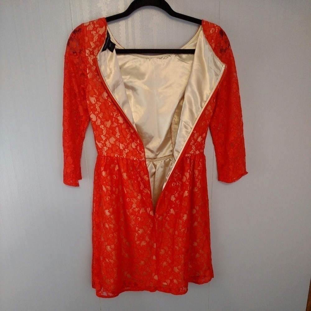 French Connection Red Lace Fit Flare Dress 3/4 Sleeve Boat Neck Evening Party - Picture 4 of 6